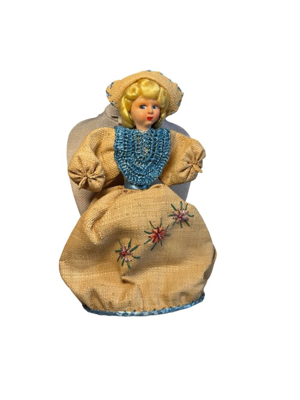1950s Italian Souvenir Burlap Pouch Doll With Blue Accents & Embroidered Flowers